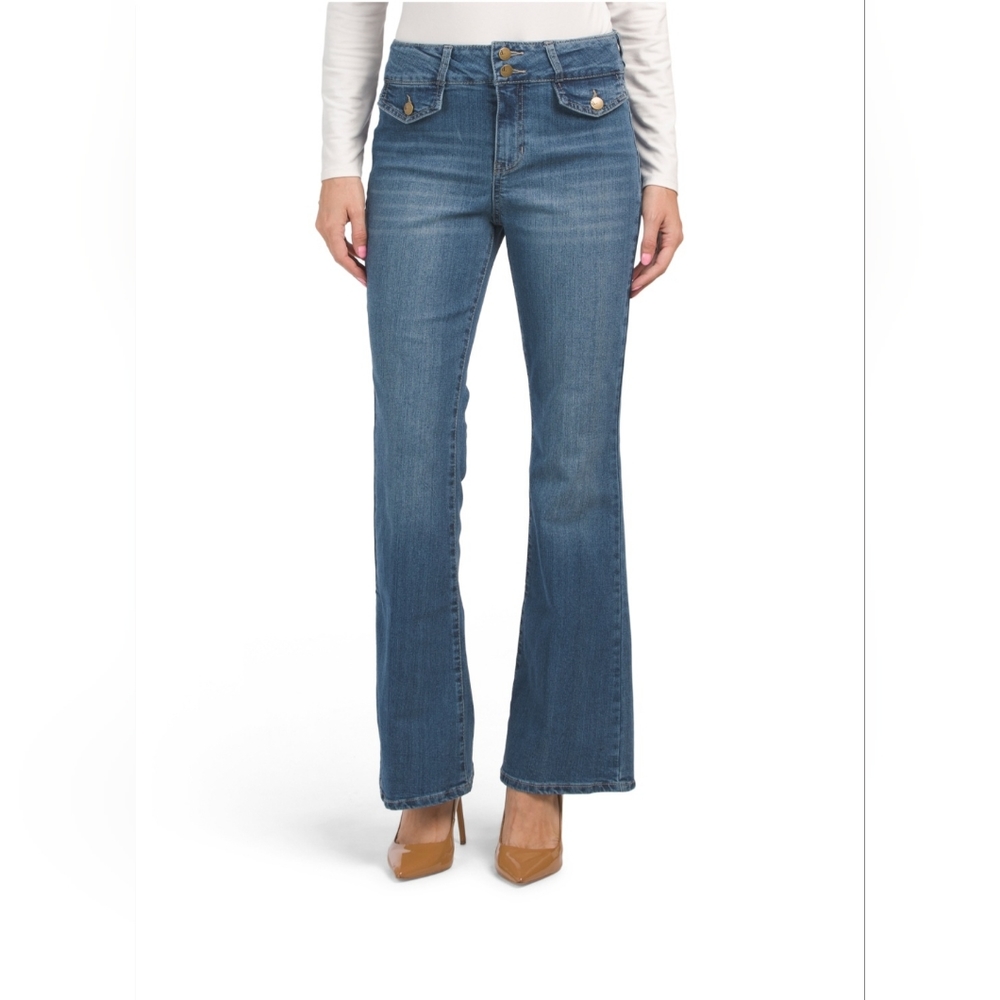 d.jeans Denim JEANS flap pockets FLARE LEG high rise DOUBLE BUTTON closure